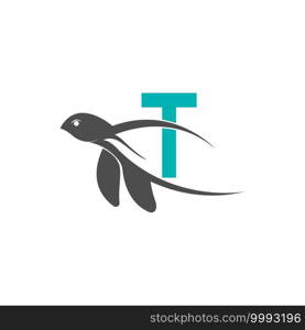 Sea turtle icon with letter T logo design illustration template