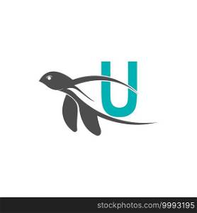 Sea turtle icon with letter U logo design illustration template