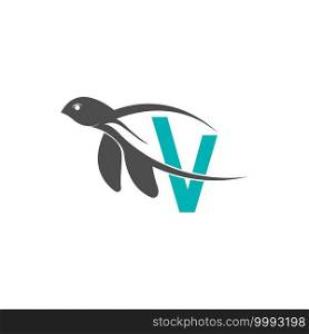 Sea turtle icon with letter V logo design illustration template