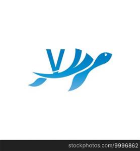 Sea turtle icon with letter V logo design illustration template