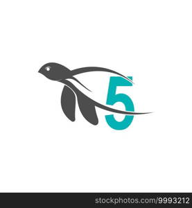 Sea turtle icon with number 5 logo design illustration template