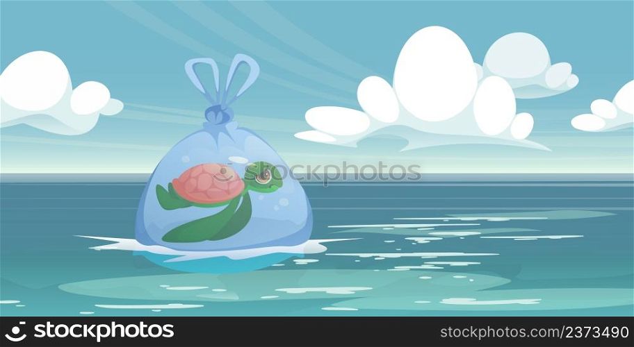 Sea turtle trapped in plastic bag floating on ocean water surface. Stop pollution, save nature, Earth planet and wild animals ecological World environment day concept, Cartoon vector illustration. Sea turtle trapped in plastic bag float in ocean