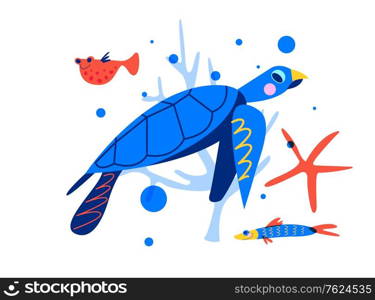 Sea turtle, tropical fish, seaweed and underwater life. Colorful vector illustration on a white background.. Sea turtle. Marine life, underwater world, aquarium fish. Vector illustration on a white background.