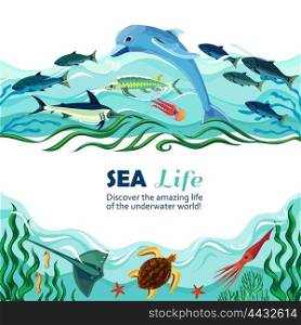 Sea Underwater Life Cartoon Illustration. Cartoon vector illustration of sea life with exotic underwater inhabitants and shoal of fishes in marine waves