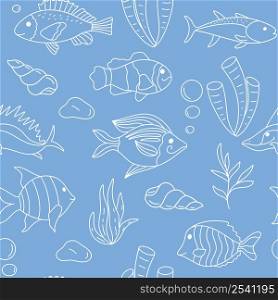 Sea underwater world seamless pattern vector illustration. Blue background with white silhouette of fish, algae and shells. Delicate baby model for design. Template for fabric, wallpaper, packaging, paper and textile. Sea underwater world seamless pattern vector illustration