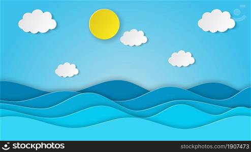 Sea view on clear sky. paper cut and craft style. blue sea waves white air clouds paper art style of cover design. Vector illustration. Sea view on clear sky.