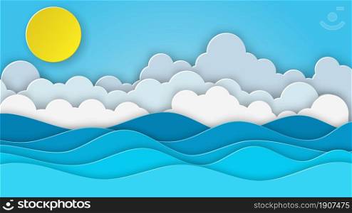 Sea view on clear sky. paper cut and craft style. blue sea waves white air clouds paper art style of cover design. Vector illustration. Sea view on clear sky.