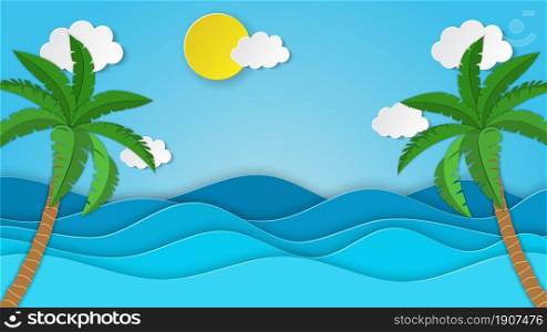 Sea view on clear sky. paper cut and craft style. tropical palm tree on the beach. blue sea waves white air clouds paper art style of cover design. Vector illustration. Sea view on clear sky.