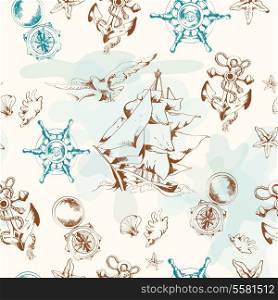 Sea vintage seamless pattern with sailing ship anchor seagulls vector illustration