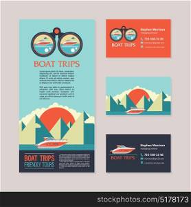 Sea voyage on a yacht. Design flyers and business cards. Vector illustration of a yacht on the background of a mountainous landscape.