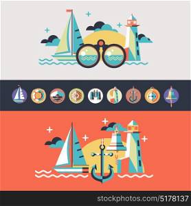 Sea walks on a yacht. Vector illustration in flat style. Set of icons marine theme.