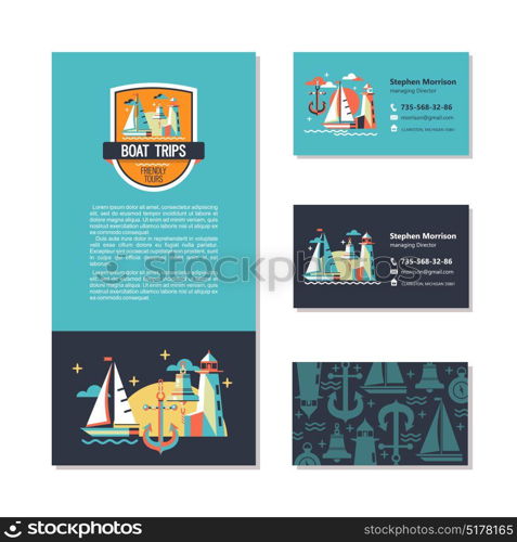 Sea walks on the yacht. The rest of the sea. Vector design of the flyer and business cards. Logo, pattern.