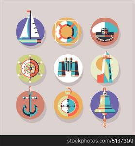 Sea walks on the yacht. Vector icons. The rest of the sea. Yacht, compass, binoculars, lighthouse, ship's bell, ships wheel, compass, cap, captain, life buoy