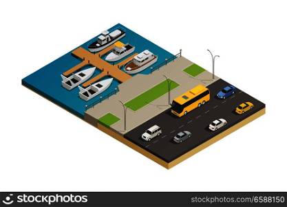 Sea waterfront watercraft mooring quay and motorway road transport isometric composition with vessel and motorboats vector illustration. Waterfront Harbor Transport Isometric Composition