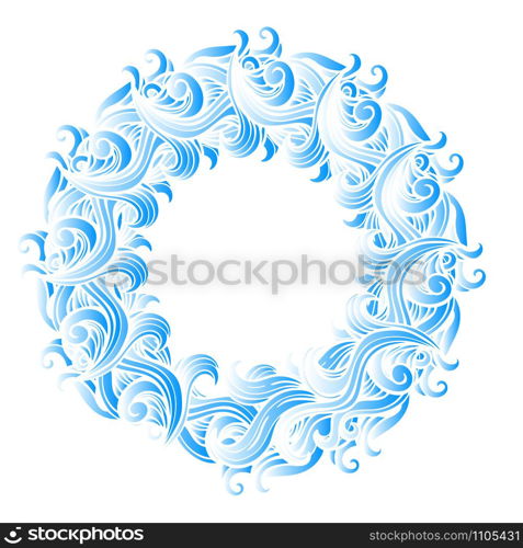 Sea wave mandala with curls and swirls. Ocean ornament. Isolated on white background. Round frame. Sea wave mandala