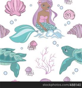 SEA WAVE Mermaid Princess Seamless Pattern Vector Illustration