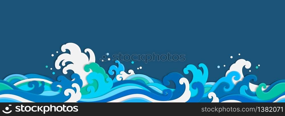Sea wave paper cut seamless wallpaper. Isolated on blue background. Designed in papercraft style.- Vector illustration.