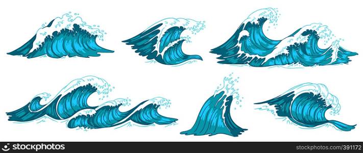 Sea wave. Vintage ocean waves, blue water tide and tidal wave hand drawn. Ocean tsunami, flowing sea surf storm splash or nautical storm motion. Vector illustration isolated sign set. Sea wave. Vintage ocean waves, blue water tide and tidal wave hand drawn vector illustration set