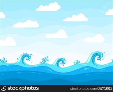 Sea waves background. Ocean wave pattern, water surface or beach landscape. Cartoon sky white clouds, blue splashes recent vector illustration. Ocean and sea wave, water swirl graphic. Sea waves background. Ocean wave pattern, water surface or beach landscape. Cartoon sky white clouds, blue splashes recent vector illustration