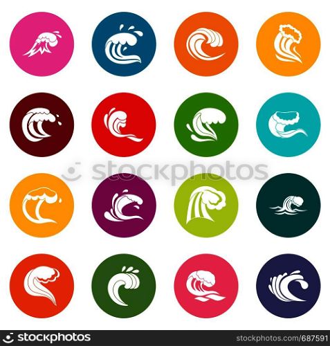 Sea waves icons many colors set isolated on white for digital marketing. Sea waves icons many colors set