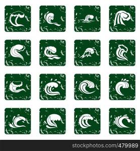 Sea waves icons set in grunge style green isolated vector illustration. Sea waves icons set grunge