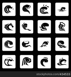Sea waves icons set in white squares on black background simple style vector illustration. Sea waves icons set squares vector