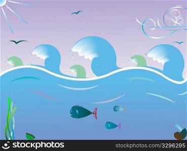 sea waves landscape, abstract composition; vector art illustration