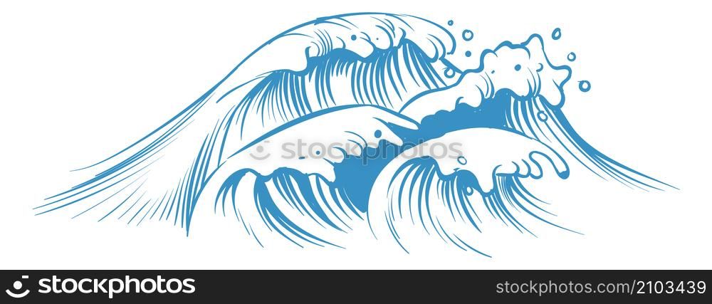 Sea waves. Nautical water cwirl in vintage sketch style isolated on white background. Sea waves. Nautical water cwirl in vintage sketch style