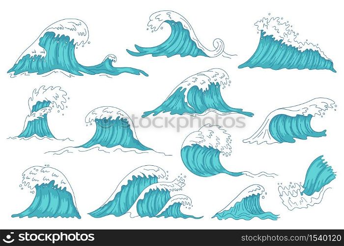 Sea waves. Ocean hand drawn water wave, vintage storm tsunami waves, raging marine water shaft isolated vector illustration icons set. Water ocean storm, splash wave collection. Sea waves. Ocean hand drawn water wave, vintage storm tsunami waves, raging marine water shaft isolated vector illustration icons set