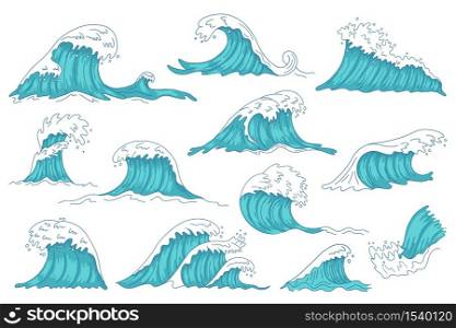 Sea waves. Ocean hand drawn water wave, vintage storm tsunami waves, raging marine water shaft isolated vector illustration icons set. Water ocean storm, splash wave collection. Sea waves. Ocean hand drawn water wave, vintage storm tsunami waves, raging marine water shaft isolated vector illustration icons set