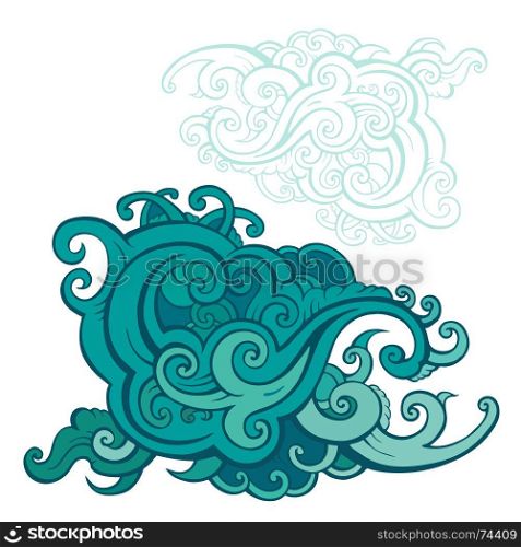 Sea waves set. Hand drawn vector illustration. Design element.. Sea waves set.