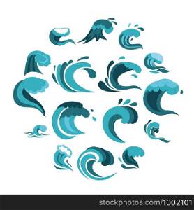 Sea waves set icons in flat style isolated on white background. Sea waves set flat icons