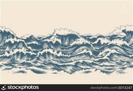 Sea waves sketch pattern. Sea waves sketch pattern. Ocean surf wave hand drawn horizontal seamless pattern vector illustration