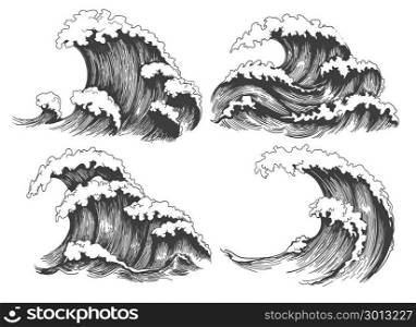 Sea waves sketch set. Sea waves sketch. Ocean wave set hand drawn doodle illustration, vector black and white icons