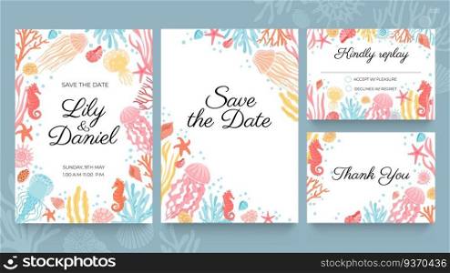 Sea wedding cards. Invitation to summer beach marriage party decorated with ocean seashell, seaweed and coral. Wedding save date vector set. Kindly reply, accept or decline card design. Sea wedding cards. Invitation to summer beach marriage party decorated with ocean seashell, seaweed and coral. Wedding save date vector set