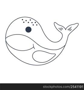 Sea whale baby character vector illustration. Outline cute ocean fish smiling. Underwater animal doodle coloring book isolated object