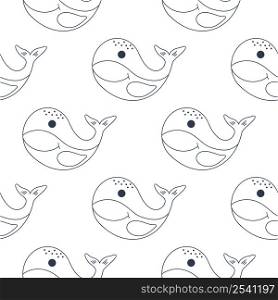 Sea whale seamless pattern vector illustration. Background contour cute ocean fish smiling. Doodle coloring template underwater world. Sea whale seamless pattern vector illustration