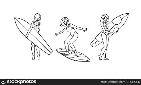 sea woman surfing beach vector. surfboard surfer, girl lifestyle, female sport sea woman surfing beach character. people black line illustration. sea woman surfing beach vector
