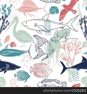 Sea world. Fish, algae, jellyfish and seabirds. Vector seamless pattern. Sea world. Vector seamless pattern