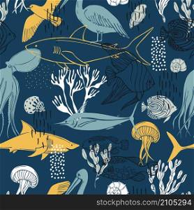 Sea world. Fish, algae, jellyfish and seabirds. Vector seamless pattern. Sea world. Vector seamless pattern