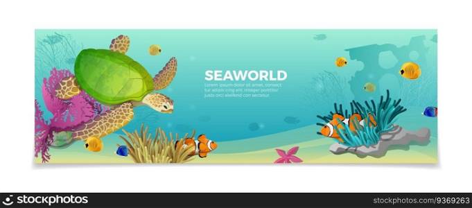 Sea world underwater life nature natural beauty template. Travel vacation agency web site flyer brochure vector illustration. Turtle ??lownfish anemonefish clown fish under water plant color background