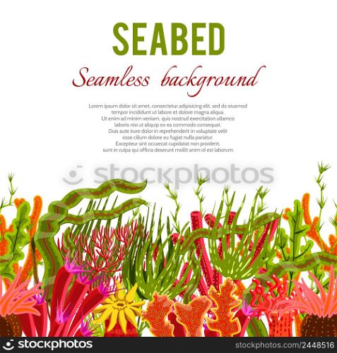 Seabed background with corals and seaweed seamless border vector illustration. Coral Seabed Background