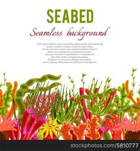 Seabed background with corals and seaweed seamless border vector illustration. Coral Seabed Background