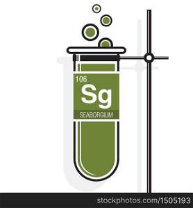 Seaborgium Symbol on label in a green test tube with holder. Element number 106 of the Periodic Table of the Elements - Chemistry