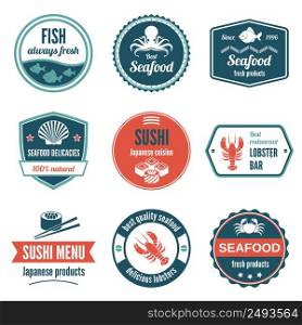 Seafood always fresh fish products delicacies sushi japanese cuisine lobster bar icons set isolated vector illustration.