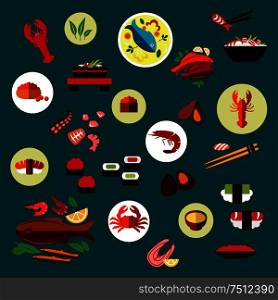 Seafood and delicatessen flat icons of sushi, caviar, crab, shrimp, lobsters, oysters, mussels, octopus, chopstick, salmon steak, grilled fishes and shrimp salad, fish soup, vegetables and herbs. Seafood and delicatessen flat icons