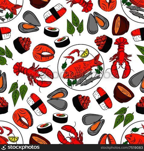 Seafood and fish dish seamless background. Wallpaper with vector pattern icons of lobster, shrimp, crab, salmon, caviar, steak, mussel, sushi, sauce, leaves Kitchen restaurant decoration tablecloth. Seafood and fish seamless wallpaper background