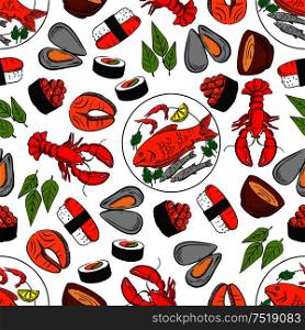 Seafood and fish dish seamless background. Wallpaper with vector pattern icons of lobster, shrimp, crab, salmon, caviar, steak, mussel, sushi, sauce, leaves Kitchen restaurant decoration tablecloth. Seafood and fish seamless wallpaper background