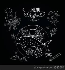 seafood and fish on a plate, black board background, Stock vector illustration. seafood and fish on a plate, black board background