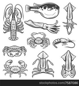 Seafood and fish sketches of lobster, crabs and shrimp, squids, cuttlefish, fugu and prawn. Vector shellfish, marine animals and ocean crustacean icons of fishing sport and restaurant menu design. Lobster, squids, crab, shrimp, fugu. Seafood, fish